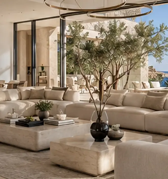 Sculptural ring chandelier over a living room opening to an olive tree courtyard