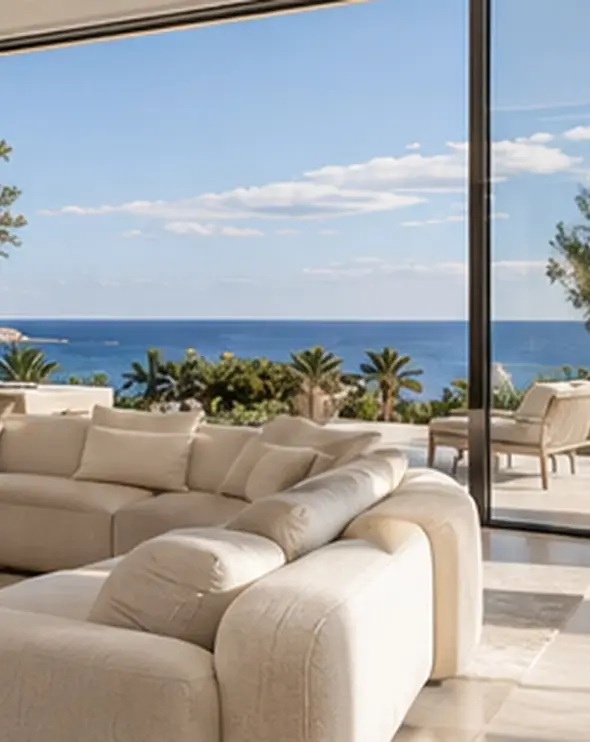 Linen sofa facing a terrace and the Mediterranean through full-height glass