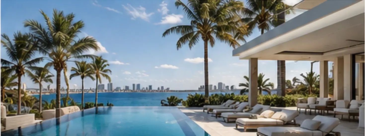 Infinity pool and shaded terrace with loungers, palms and a waterfront skyline